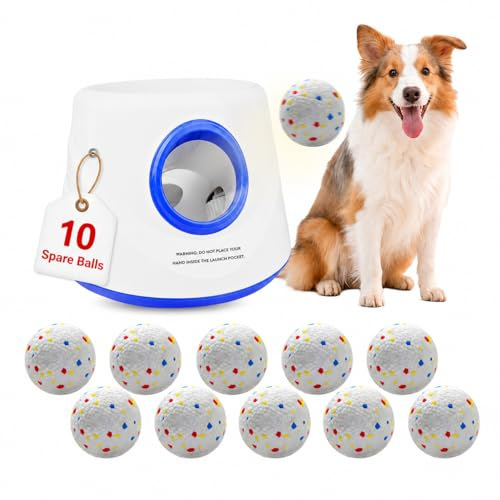 RoseYouth Dog Ball Launcher, Chuck It Ball Launcher, Dog Balls Thrower with 10 2.28-inch Balls, 3 Adjustable Distances, Indoor/Outdoor Toy for Small/Medium Dogs, Rechargeable