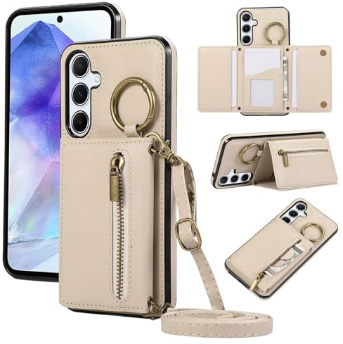 YANJIEER ESONG handykette Wallet Schutzhülle für Samsung Galaxy A26 5G/A17, Geldbörse Leder Stoßfest Frauen Ring Case Cover mit Kordel Band, Kartenfach, Ständer, Brieftasche klapphandyhülle Beige