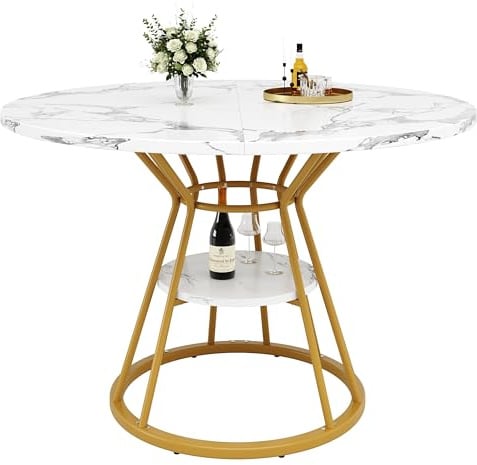 Table à manger ronde avec aspect marbre et pieds en métal doré/noir - Table d'invité extensible avec plateau de rangement et pieds réglables - Pour salle à manger, cuisine, salon - Diamètre : 100 cm