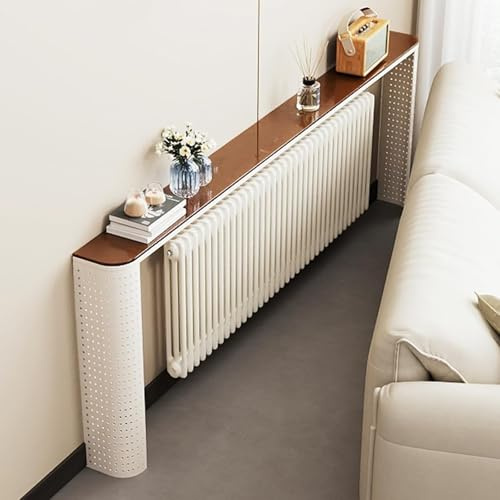 QSNYJPL Over Radiator Cover Shelf, Heavy Storage Rack with Hollow Out Holes, Tall Radiators Shelf with Rounded Corner for Living Room, Bedroom, Hallway, Bearing88 Lbs(White,140cm/55in)