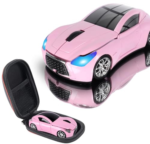 elec Space Mini souris sans fil avec étui – En forme de voiture de sport, légère et portable, portée de 10 m, Plug and Play (rose)