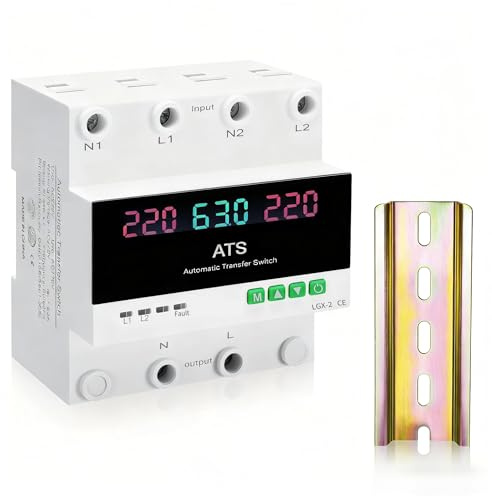 ATS-Umschalter 63A 220V Einphasig Automatisch, Schalter mit Einstellbarem Über- und Unterspannungsschutz und LED-Display, Umschalter für Notstromaggregat und Stromnetz