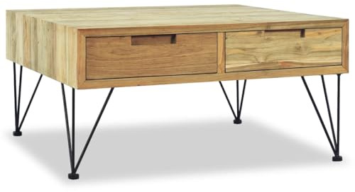 Hoopleep Square Coffee Table for Living Room, 80x80x40 cm Solid Recycled Teak Wood, Black Wrought Iron Legs, Small Center Table with 2 Storage Drawers, Easy Assembly
