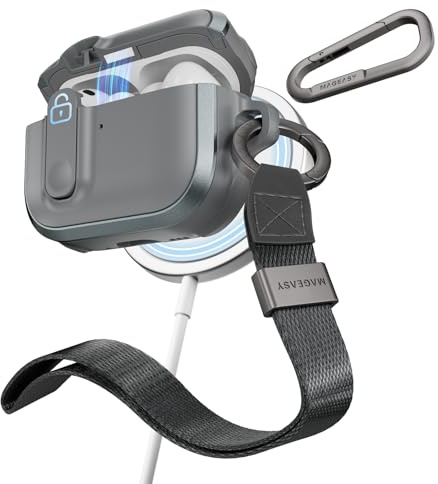 MAGEASY Odyssey AirPods Pro 3 MagSafe Schutzhülle mit Klickverschluss, Karabiner und Handschlaufe, stoßfest, magnetischer Verschluss, für Apple AirPods Pro 3. Generation (Metal Blue Grey)