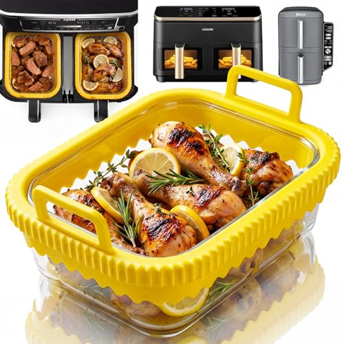 Glas Auflaufform Airfryer mit Silikongriffen für Ninja Heißluftfritteuse Zubehör AF400EU/DZ400EU/AF500EU/COSORI, Hitzebeständig, Kraztfest, Spülmaschinenfest, Herausnehmbarer, BPA-frei