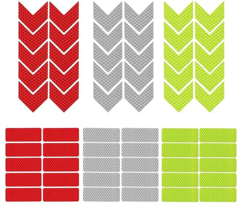 UZYXC Set di 60 Adesivi Riflettenti & Nastro Rifrangente – Riflettori di Sicurezza Autoadesivi in 2 Forme & 3 Colori per Bici, Casco, Passeggino, Moto, Auto, Scooter