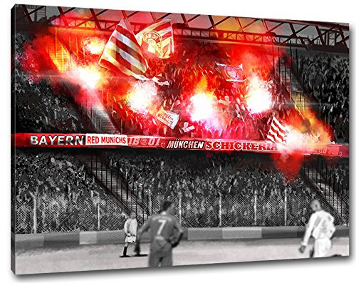 Ultras München Pyro, Bild auf Leinwand Panorama, fertig gerahmt, 120 x 80 cm