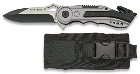 Albainox 19627 – Couteau de sécurité, Manche en Aluminium, Lame sans scie de 6,5 cm, avec Pointe Brise-vitre et Cutter Ceinture, étui en Nylon, Unisexe Adulte, Gris/Noir