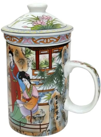 Porcelain Chinese Tea Mug with Infuser and Lid - Bao Yu Pattern