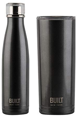 Built Leakproof Water Bottle and Insulated Travel Mug with Lid, Stainless Steel, Charcoal Grey, 480 ml/565 ml