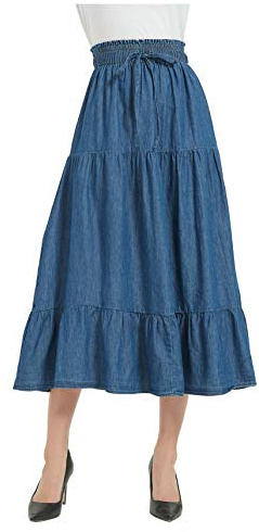 Tronjori Jupe longue en jean pour femme - Taille élastique - Cordon de serrage sur le devant