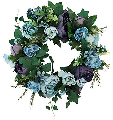 Zinsale Artificial Front Door Wreath Peony Outdoor Wreath 40cm/15.7 Christmas Hanging Wreaths Floral Garlands Decoration for Home Party Wedding (Blue)