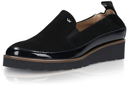 WOJAS Damen Loafers Lackleder und Veloursleder Damenschuhe Slipper Schlupfschuhe Lack Flach Plateau Sneaker – Schwarz, 46008-71, Gr. 41