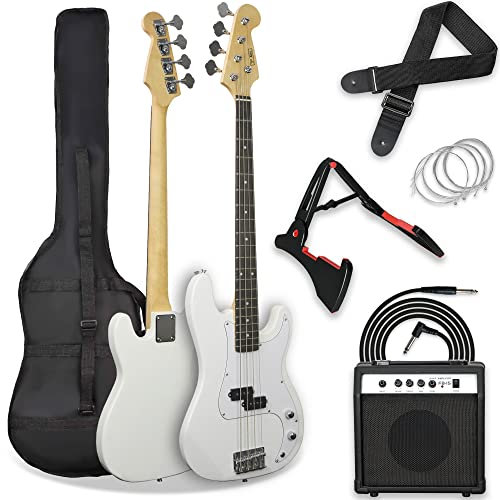 3rd Avenue Full Size 4/4 Electric Bass Guitar Beginner Pack Kit with 15W Amplifier, Bag, Cable, Strap, Stand and Spare Strings – White