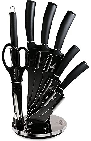 Berlinger BH-2685 Haus Carbon Pro Professionelles Küchenmesser-Set 8-Teilig, Edelstahl, Antihaftbeschichtung, Acrylhalter, Kochmesser, Zwiebelmesser, Santoku-Messer, Wetzstahl, Schere, Metallic-Design, Dunkelgrau