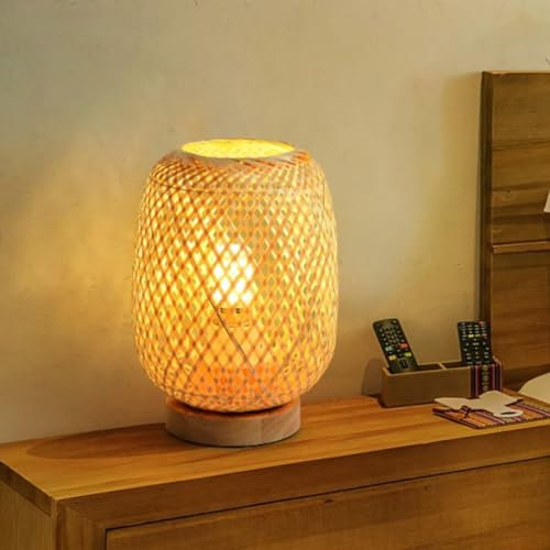 GUANSHAN Bambus Weben Tischlampe Kleiner Exquisiter Bambus Lampenschirm Nachttischlampe Japanischer Stil Nachtlicht Dekoratives Tischlicht für Schlafzimmer, Wohnzimmer, Stil 1