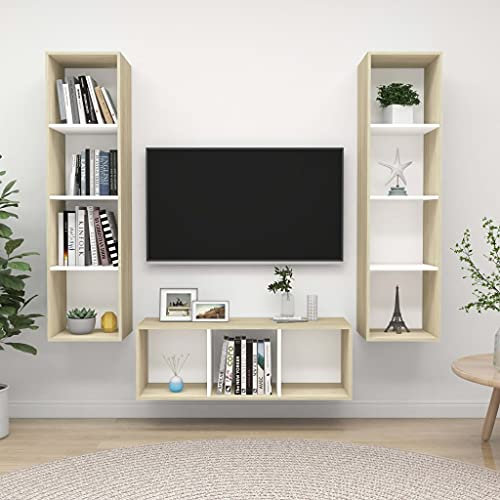 ZQQLVOO 3-TLG. TV-Schrank-Set,TV-Schränke,TV-Bänke,TV-Lowboard, Fernsehschrank,Fernsehtisch,Bücherregal,Vitrine,Raumteiler, Weiß Sonoma-Eiche Spanplatte