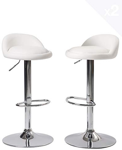 KAYELLES Lot de 2 tabourets de Bar siège Simili Cuir rembourré, Petit Dossier, Repose Pieds, réglable en Hauteur et pivotant 360° Pied Chrome Sati (Blanc)