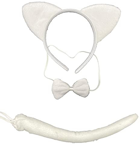 Lot de 3 serre-têtes avec oreilles de nœud papillon et queue pour filles et femmes (chat blanc)