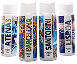 GLAMOUR PARFUM - Pack 4 Recambios Ambientador de Hogar - Fragancia Atenas, Barcelona, Santorini y Lisboa - 4 x 300 ml - Pack Cosmopolitan - Ambientadores Textiles de Hogar - Reutilizable