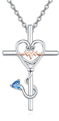 KINGWHYTE Kreuz Herz Halskette 925 Sterling Silber Stethoskop Kette Kreuz Anhänger Halskette Schmuck Geschenk für Mädchen Frau Schwester Damen