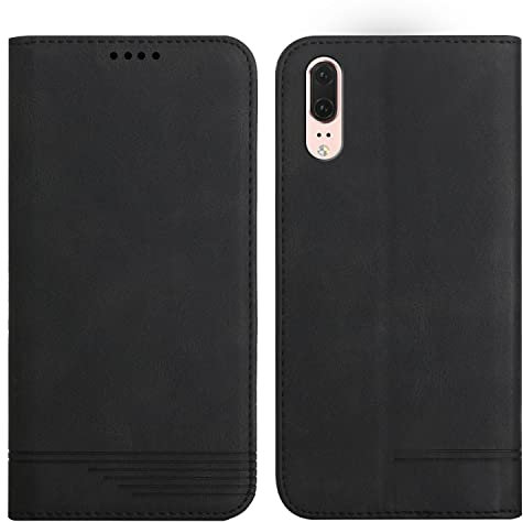 Étui portefeuille en cuir magnétique pour Huawei P20 avec fentes pour cartes et dragonne, noir