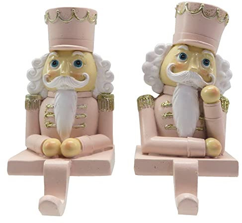 Clayre & Eef Haken für Weihnachtssocke 2er Set Nussknacker 12 cm Rosa Weiß Kunststoff Weihnachtsdekoration