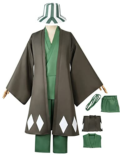 JOHLCR Anime BLEACH Cosplay Kostüm für Halloween Karneval Kimono Uniform Outfits Urahara Kisuke Einschließlich Mantel + Kleidung + Hose + Hut + Taillenseil Geeignet für Bühnenspiel (L, grün)