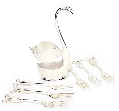 lyrlody Dessert Spoon Set, Coffee Spoon Fork Stand Kit Zinc Alloy Swan Base Holder Fruit Scoop Salad Ice Cream Spoon Teaspoons Set for Cafe Home Kitchen Silver (Fork)