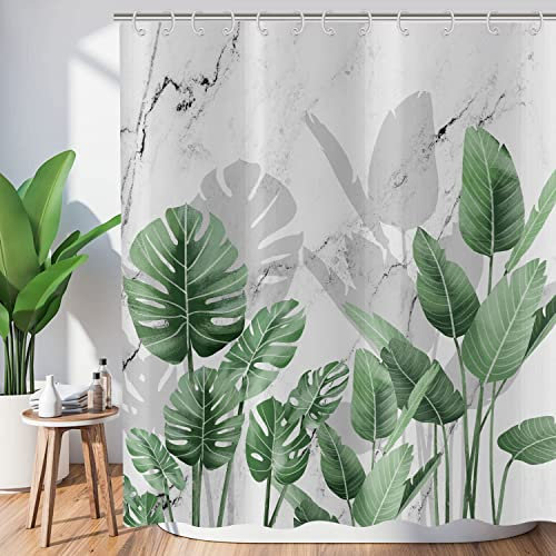 Hnmdmyi Duschvorhang Grüne Blätter 180x200, Tropische Palmen Bananenblätter auf Grau und Weiß Marmor Badewanne Vorhang Dschungel Pflanze Botanisch Wasserdicht Polyester Stoff Waschbar Badevorhang