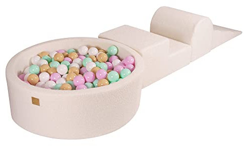 MEOWBABY Bällebad mit Schaumstoff Bausteinen - Spielplatz aus Schaumstoff mit 200 Bällen für Kinder - Weiches Indoor Bällebad Baby ab 1 Jahr, Boucle, Weiß