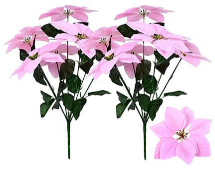 Rikyo Lot de 2 bouquets de poinsettia artificielles en soie de 48,3 cm - Décoration de Noël - 7 têtes de poinsettia en velours avec feuille - Pour fête, maison, décoration de vacances (rose)