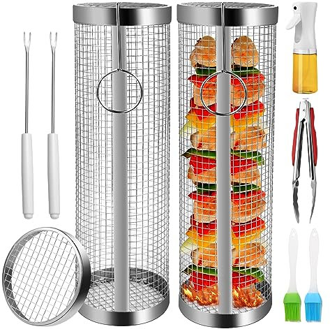 Rollender Grillkorb, 2 Stück große Roll-Grillkörbe für Outdoor-Grillen, Grillnetz, Edelstahl-Grillzubehör, tragbarer Grillkorb geeignet zum Grillen von Fisch, Fleisch, Garnelen, Gemüse, Pommes Frites