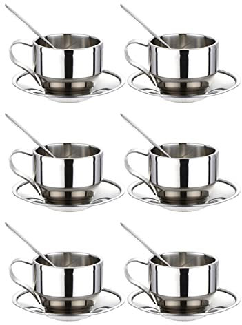 HUPYOMLER Set di tazze da caffè isolate, in acciaio , a doppia parete, con piattino e cucchiaio, 125 ml (6)