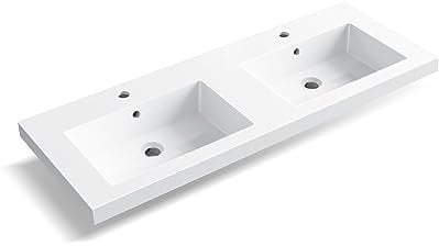 Balneo MILA Waschbecken Aufsatzwaschbecken eckig 120x46 cm doppelt mit Hahnloch, mit Überlauf, beständig, modern, beständig gegen Chemikalien, warm zum Anfassen, weiß aus Konglomerat