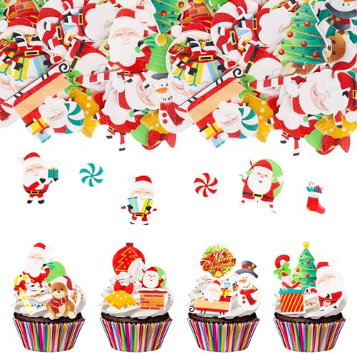 Catelves 60 Stück Weihnachten Essbare Tortendeko,Weihnachten Cupcake Topper,Deko Kuchen Essbar Weihnachtskuchen Dekoration,Weihnachten Deko Torte,Santa Claus Muffin Deko,Frohe Weihnachten Tortendeko