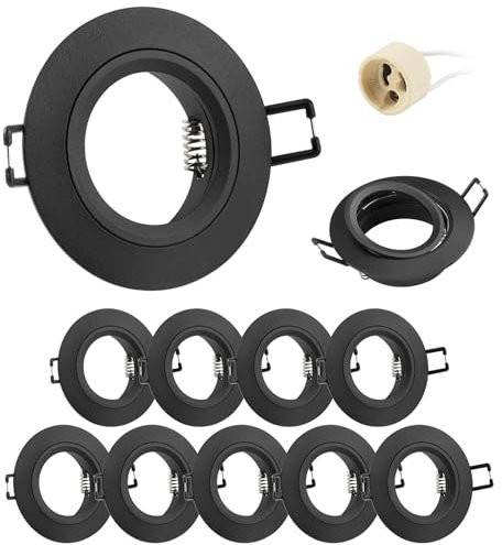 Doughelec 10er Einbaustrahler GU10 Rahmen Aluminium Schwarz, Einbaurahmen Spot Einbauspots Rund Flach 68mm Lochdurchmesser inkl GU10 Fassung für LED Halogen Einbauleuchten Decke, 60-70mm 230V Matt DN