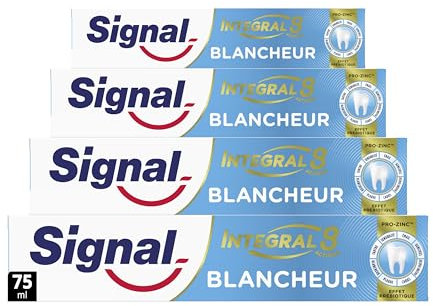 SIGNAL - Dentifrice Blancheur integral 8 blancheur effet prébiotique - Protection Complète 3x plus efficace -96% d'ingrédients d'origine naturelle (lot de 4x75ml)