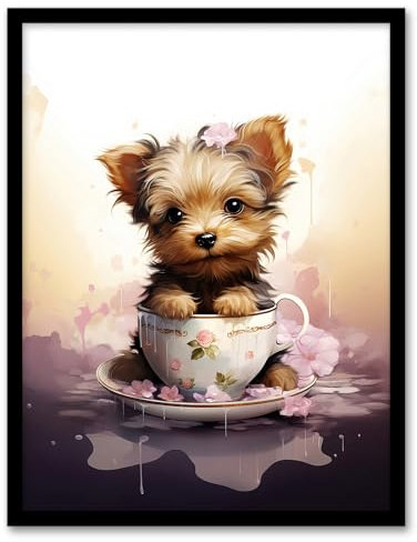 Artery8 Tea Cup Yorkshire Terrier Lovers Gift Watercolour Pet Portrait Painting Artwork Artwork Framed Wall Art Print 18X24 Inch