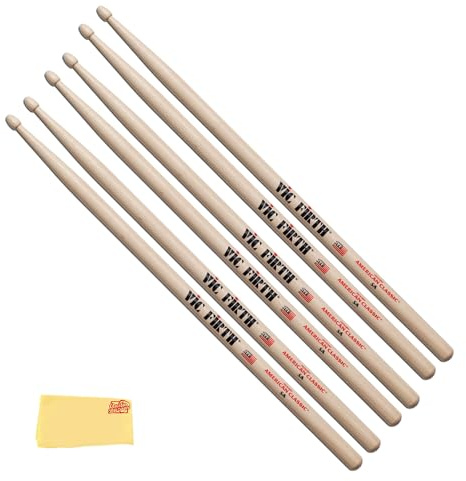Vic Firth American Classic 5A Wood-Tipped Drumsticks - 3 Pack with Austin Bazaar Polishing Cloth