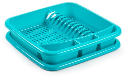 Acan Tradineur - Escurreplatos de Plástico - Fabricado en plástico - Organizador de Cocina, Escurridor con Bandeja para Cocina - 39 x 39 x 7,5 cm - Color Turquesa