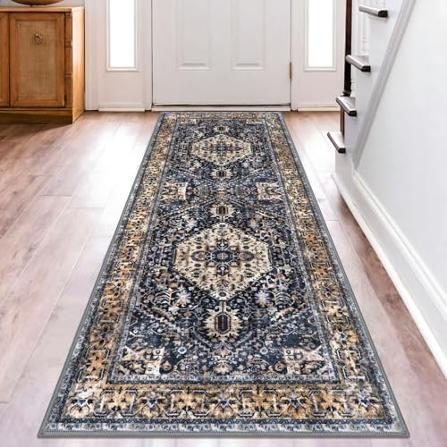 KOZYFLY Läufer für Flur, 7,8 x 2,4 m, waschbar, Küchenläufer, Boho-Läufer, Teppich für Eingangsbereich, Innenbereich, Gold/Orange/Marineblau, bedruckt, orientalischer Kunstwolle, Boden-Teppich für