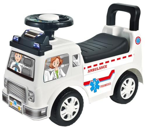 Ride On Ambulance Car for Toddlers – Push Along Foot to Floor Sit and Scoot Paramedic Truck – Indoor Outdoor Kids Ride-On with Steering Wheel Horn & Music – Sturdy Plastic Rescue Vehicle Toy