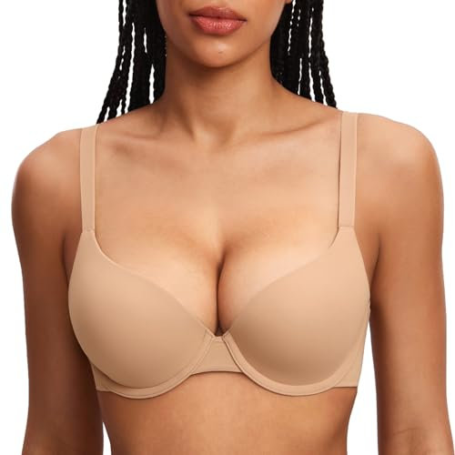 DOBREVA Women's Push Up Bra Underwire Padded T Shirt Bras Full Coverage Plunge Bras Warm Beige 36DD