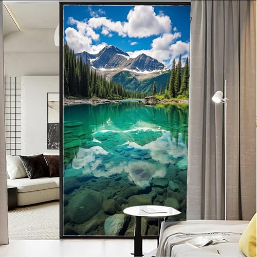 Crystal Clear See Privacy Fensterfolie Berge und Bäume Foto Buntglas Fensterabdeckungen Kein Kleber Statisch Haftende Fensterfolie für Home Office Stores 80 x 120 cm