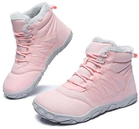 Barfußschuhe Winterstiefel Damen Herren Winter Warm Gefüttert Winterschuhe Schneestiefel Outdoor Barfuss Schuhe Männer Traillaufschuhe Leicht Rutschfest Fitnessschuhe Wanderschuhe Unisex Rosa EU37