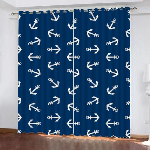 GIOVIA 3D Anker Vorhänge Abdunkelnde Ozean Maritim Kindervorhänge Vorhang mit ösen 2er Set Gardinen Blickdicht Verdunkelungs für Kinderzimmer Schlafzimmer Wohnzimmer B 150 X H 166 cm