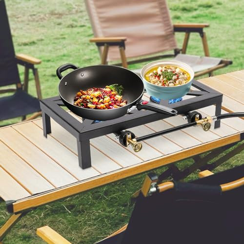 Mermajestic Double Camping Gas Stove, 2 Burner Portable 8000W Cooker with Regulator Hose, Free-standing Camping Kitchen Unit, Four Supporting Legs, 0-10PSI Pressure Regulation, BBQ Outdoor