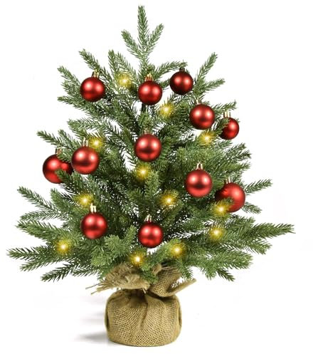 Weihnachtsbaum Mini Künstlich 55cm, Kleiner Tisch Tannenbaum mit Beleuchtung 20 LEDs, Weihnachtskugeln Weihnachtsdeko, mini Christbaum für Advent Weihnachtsdeko Innen Büro