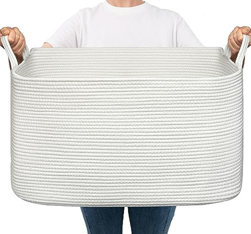 Large Storage Basket, Washing Basket for Laundry, Dirty Clothes Baskets for Living Room, Nursery, Bedroom, Woven Rope Storage Baskets for Blankets, Toys, 55x38x30 cm, 65L, White